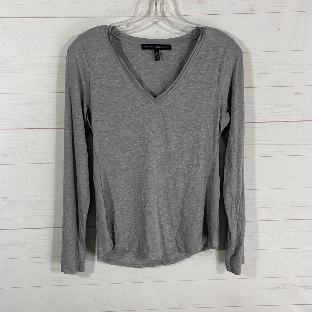 BHWM Womens Satin Side Stripe V-Neck Top XS Gray Long Sleeve Rayon Blend